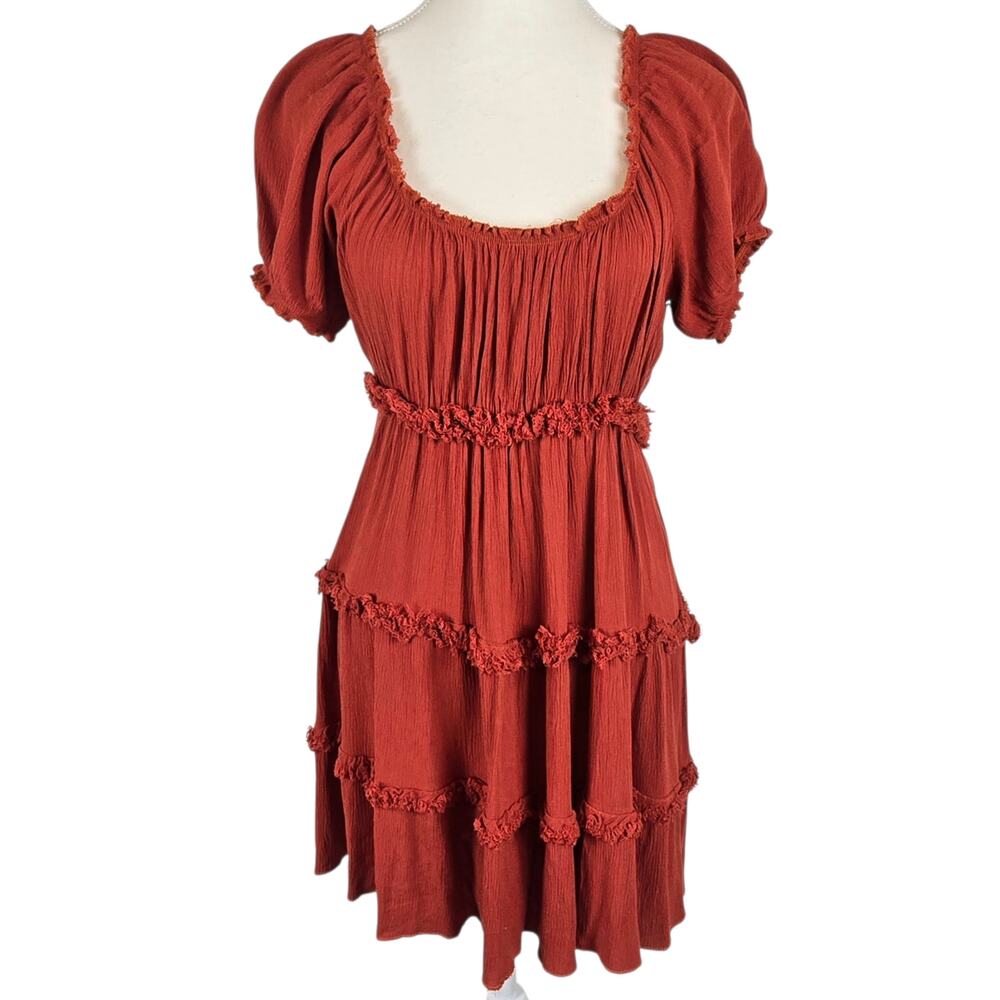 Wild Moss Womens Large Mini Dress Orange Tiered Scoop Neck Puff Sleeve Cottage